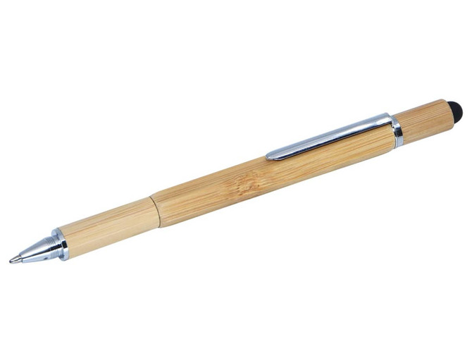 A bamboo stylus pen with a silver clip and tip, featuring a natural wood finish.