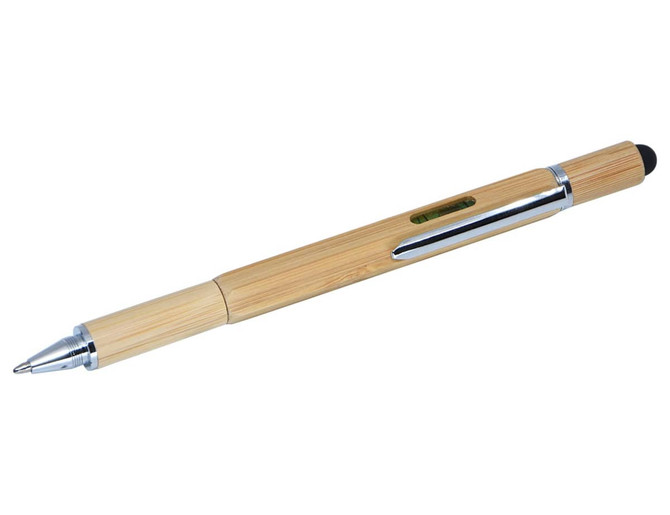 A bamboo stylus pen with a silver clip and tip, featuring a black rubber end for touchscreen use.