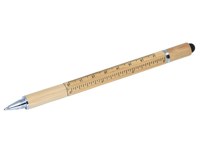 A bamboo stylus pen with metal accents, featuring a ruler printed on its side and a black rubber tip.