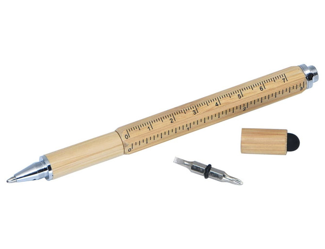 A bamboo stylus pen with a silver tip, detachable cap, and a ruler etched along the barrel.