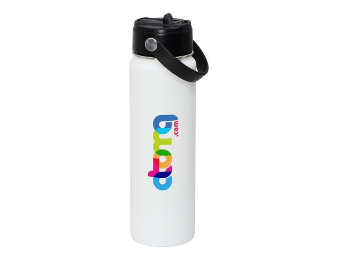 A drink bottle in white with a black lid and a carrying strap. It features a multicoloured logo.