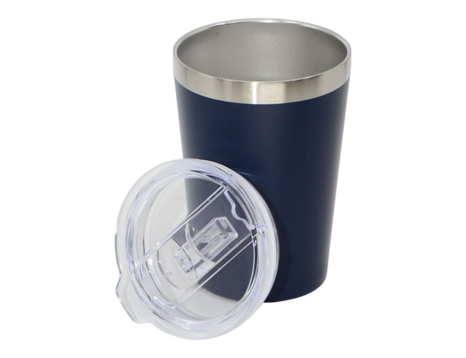 A travel mug in navy blue with a stainless steel interior and a clear lid. It features a logo.