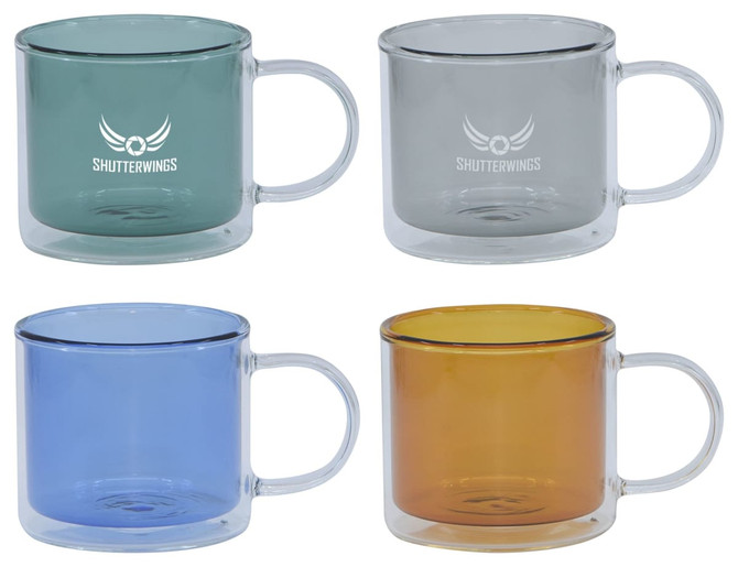 A set of four double wall mugs in teal, grey, blue, and orange, each with a branding logo.