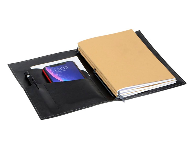 A black A5 journal with a pen, pockets for cards, and a detachable notebook inside.