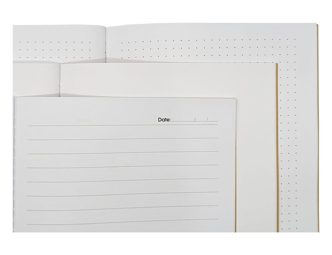 A black A5 journal with dotted and lined pages, featuring a simple design and branding logo.