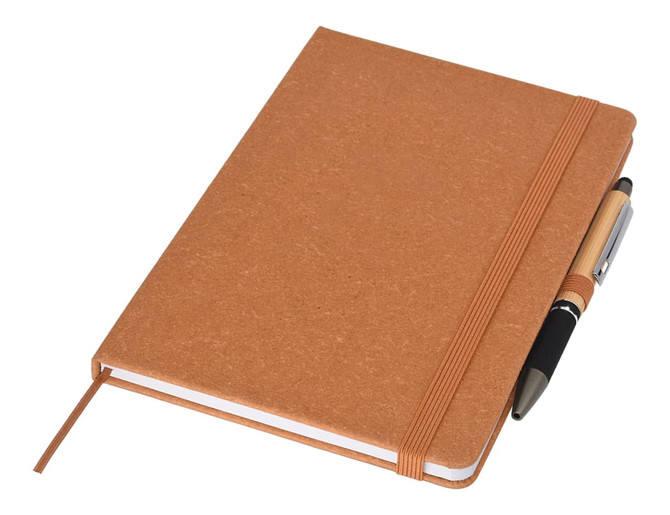 A brown recycled A5 notebook with a pen, secured with an elastic band, featuring a plain cover.