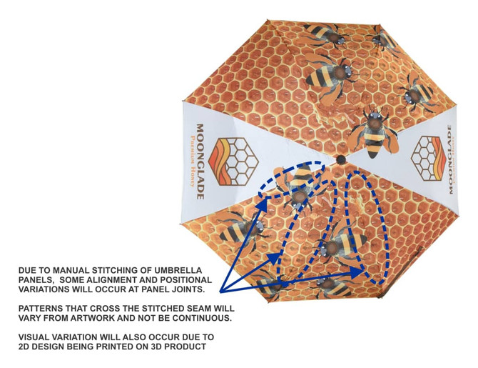 A full-colour umbrella featuring a honeycomb and bee design, with various orange and yellow panels, and a logo.