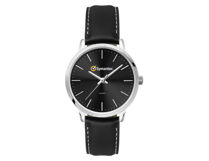 A ladies' dress watch featuring a black face and a black leather strap, with a silver case and a logo.