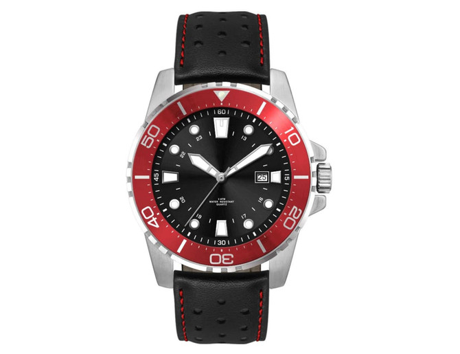 A sports watch featuring a black face, red bezel, and black leather strap with red stitching. The watch has a logo.
