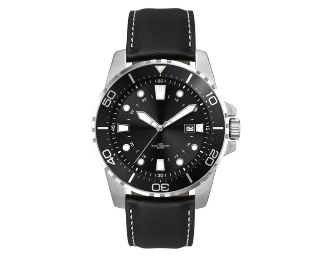 A sports watch featuring a black leather strap, silver detailing, and a black dial with luminous markers and a date function.