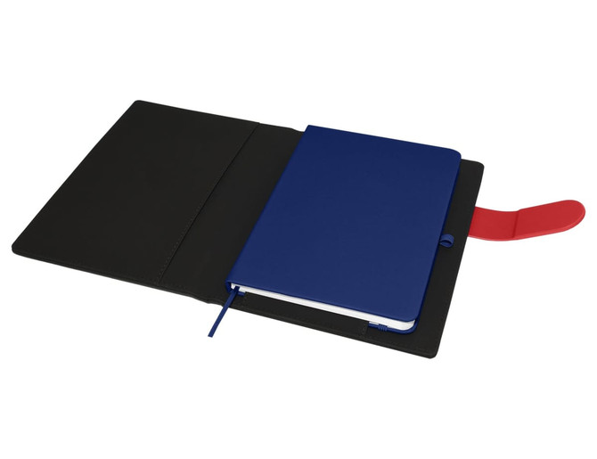 An A5 portfolio featuring a black exterior and a blue notebook inside, with a red elastic closure.
