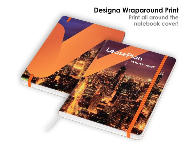 A set of A5 notebooks featuring a vibrant cityscape cover design with orange accents and a band.