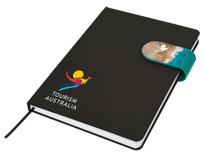 A black A5 notebook with a colourful elastic band and a logo on the cover. Features a ribbon bookmark.