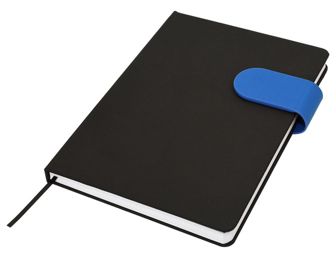 A black A5 notebook featuring a blue elastic strap closure and a ribbon bookmark. It has a smooth exterior and inner pages.