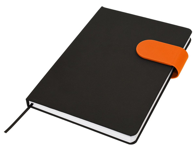 A black A5 notebook with an orange closure band, featuring an elastic strap and a ribbon bookmark.