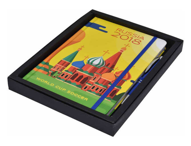 A vibrant A5 notebook in a boxed set featuring a colourful cover design and a pen, with a logo present.