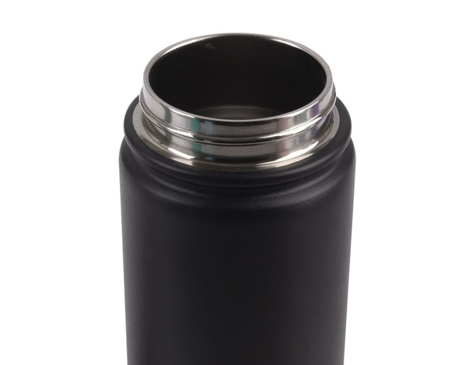 A drink bottle with a sleek black exterior and a stainless steel screw cap, featuring a logo on the side.
