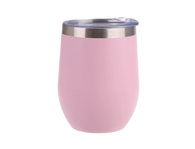 A drink bottle in a soft pink colour with a stainless steel rim and a clear lid. It has a logo on the side.
