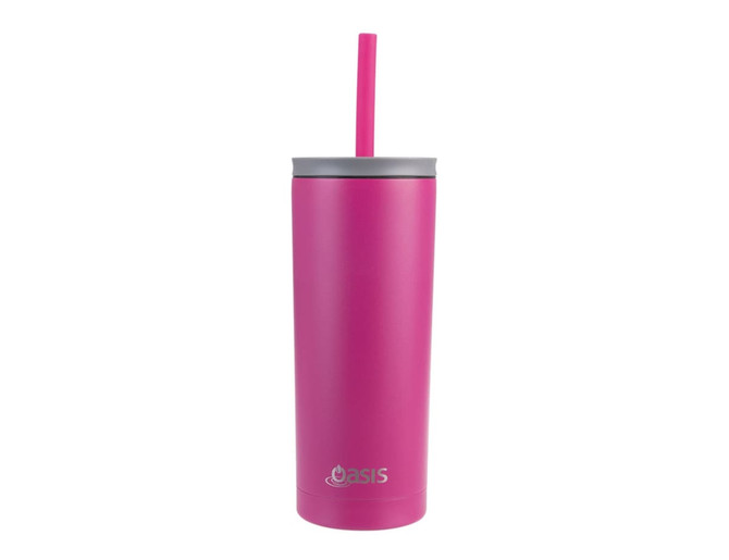 A drink bottle in vibrant pink with a grey lid and a straw, featuring a logo on its body.