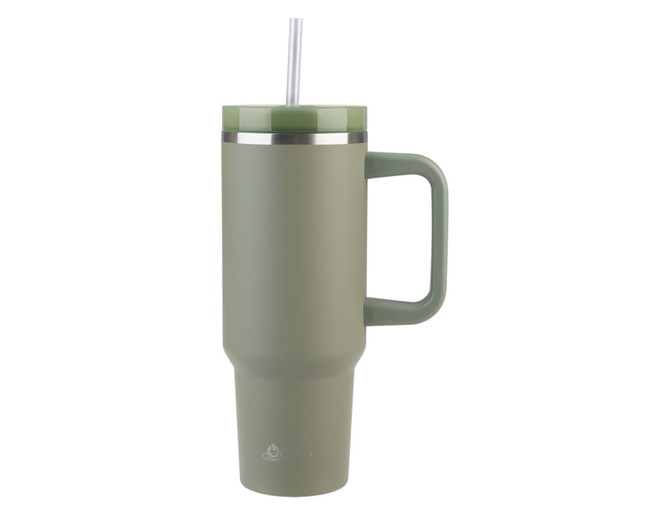 A drink bottle in matte olive green with a silver rim, a handle, and a straw. It includes a logo.