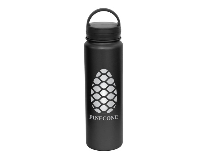 A drink bottle in black, featuring a textured pinecone design and a handle on the lid. It has a logo on the front.