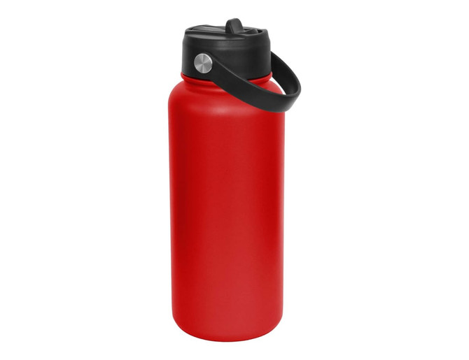 A drink bottle in red with a black lid and handle, featuring a logo on the body.