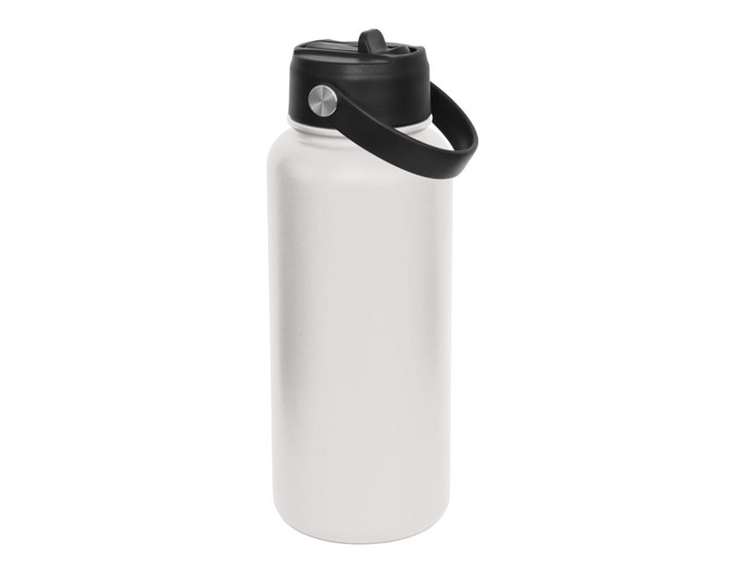 A drink bottle in white with a black spout lid and handle, featuring a logo on the side.