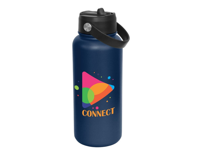 A drink bottle in navy blue with a black spout lid and a logo design in vibrant colours.