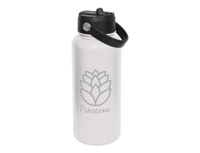 A drink bottle in white with a black lid and handle, featuring a logo design. Ideal for hydration on the go.