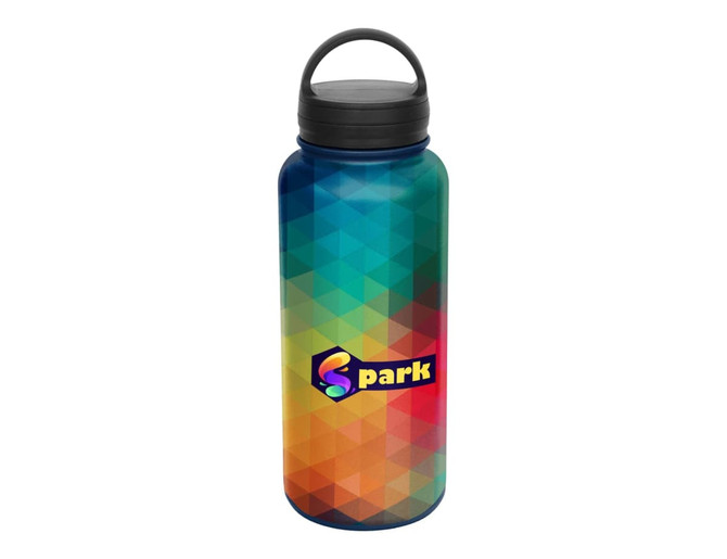 A drink bottle with a geometric pattern in blue, green, orange, and yellow, featuring a lid and a logo.