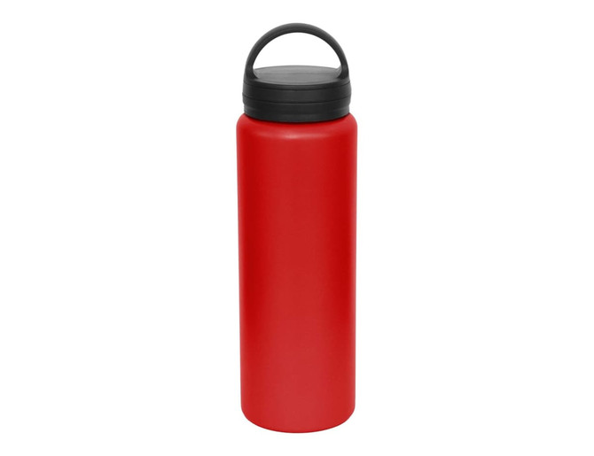 A drink bottle in vibrant red with a black lid and a handle for easy carrying. It features a logo.
