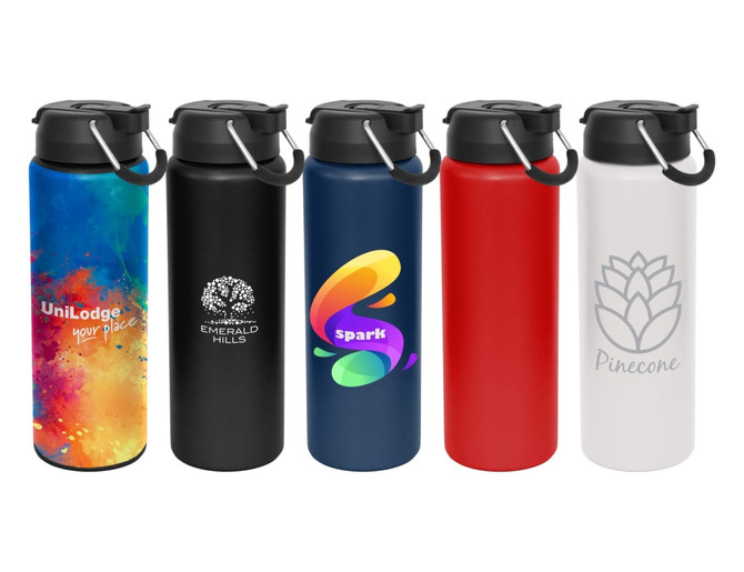 A drink bottle collection featuring five bottles in various colours: black, blue, red, white, and a multicoloured design. Each has a lid.