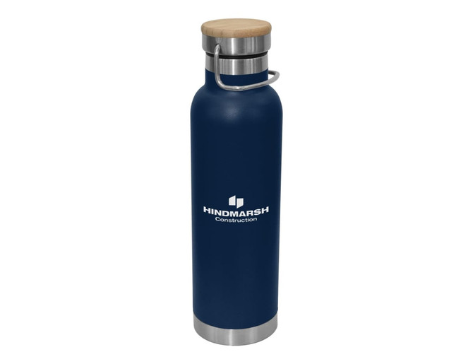 A drink bottle featuring a navy blue finish, stainless steel base, and a bamboo lid. It includes a logo on the front.