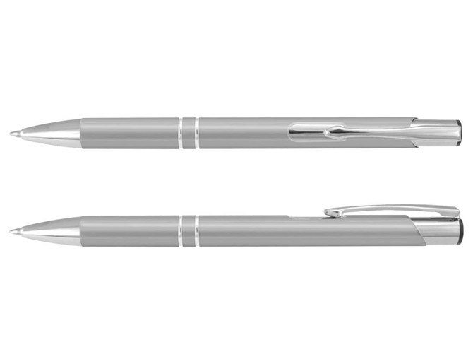 A silver metal pen with a sleek design, featuring a clip and chrome accents, along with an additional view of the pen.