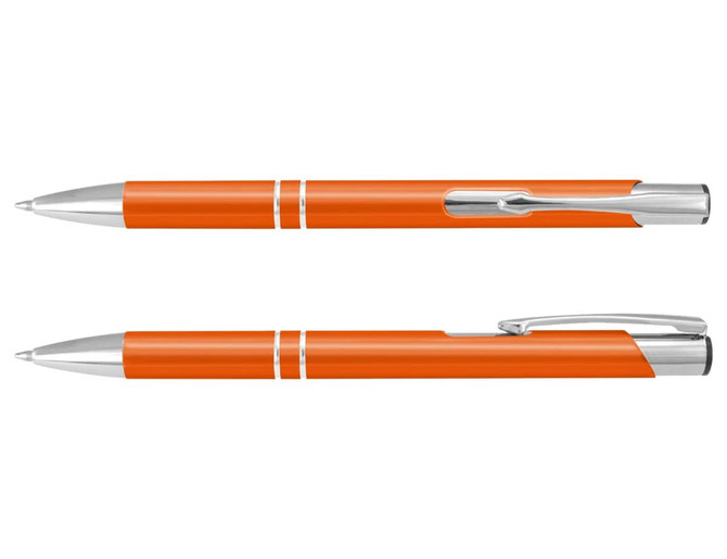 An orange metal pen with silver accents, featuring a logo on its side.