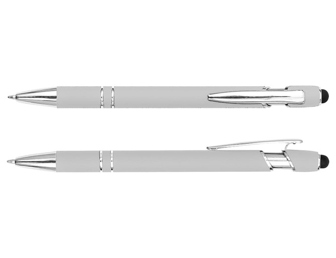A grey stylus pen with chrome accents and a clip, featuring both a writing tip and a stylus tip.