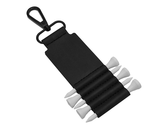 A black golf tee holder with space for multiple white tees and a clip for attachment.