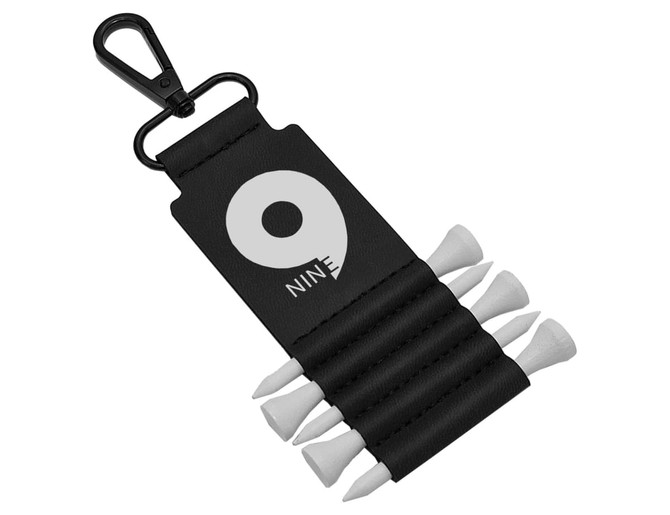 A black golf tee holder with a clip, featuring multiple white golf tees and a logo.