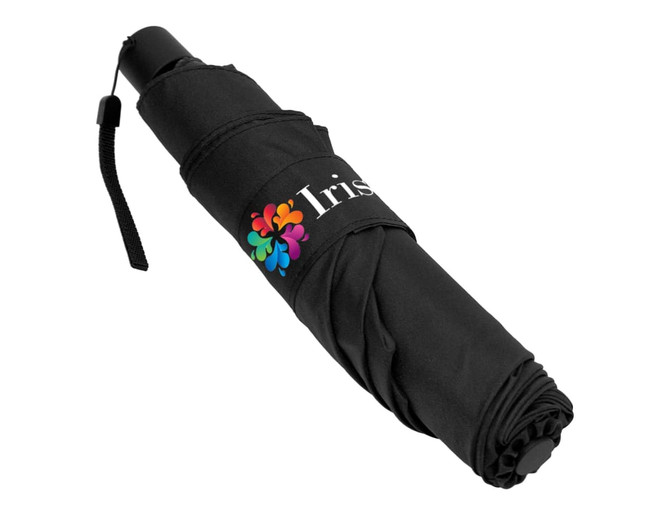 A compact black umbrella featuring a logo, designed for leisure and outdoor use.