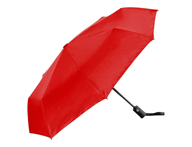 A red fold-up umbrella with a black handle and a logo.