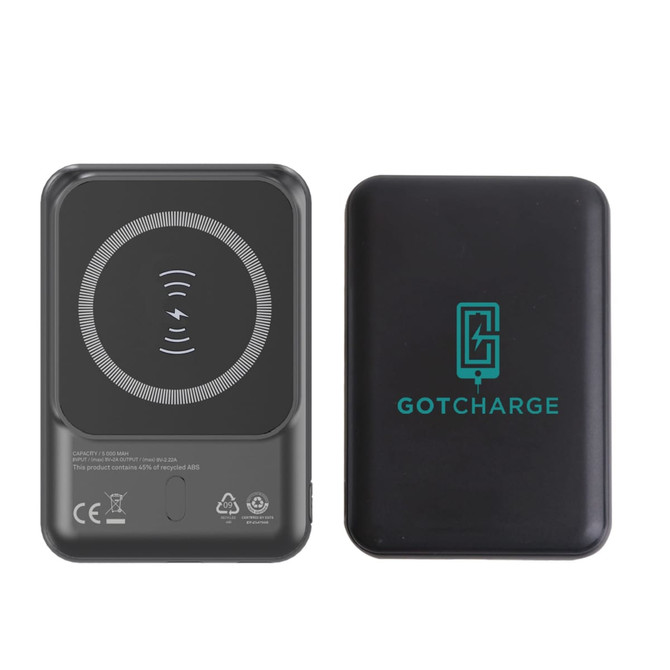 A black 5000mAh eco magnetic power bank with a wireless charging pad and a logo on one side.