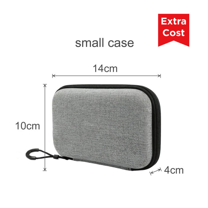 A small grey fabric case with a zipper, featuring dimensions of 14cm by 10cm by 4cm and a clip for attachment.