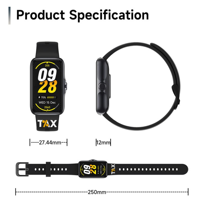 A black smart band with a rectangular display and adjustable strap, featuring a logo on the band.