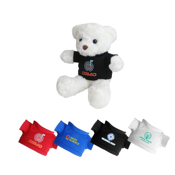 A white bear plush toy wearing a black T-shirt, accompanied by small T-shirts in red, blue, black, and white.
