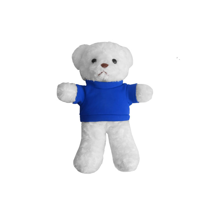 A white plush bear toy wearing a blue shirt, with a friendly expression and soft texture.