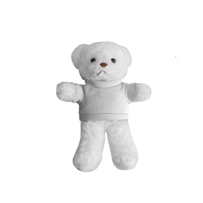A white plush bear toy with a simple grey top, featuring a small nose and stitched eyes.