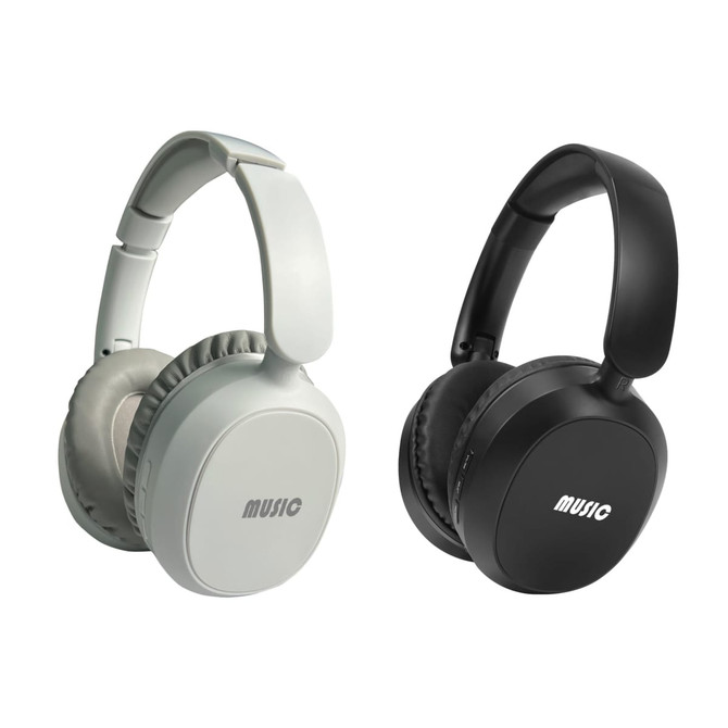 ANC Bluetooth headphones in light grey and black, featuring adjustable headbands and cushioned ear cups.
