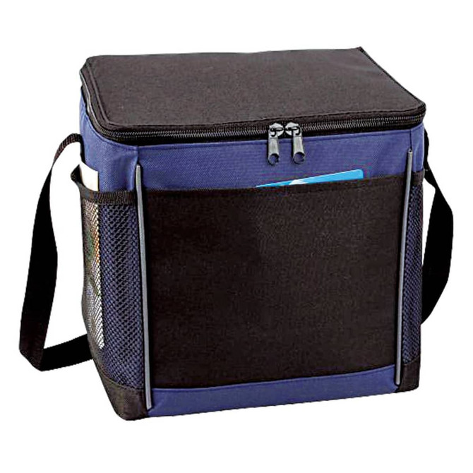 A navy and black cooler bag with a zippered top and side mesh pocket, featuring a strap for easy carrying.