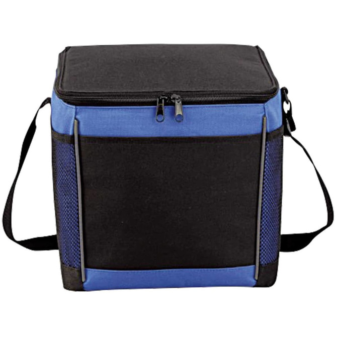 A rectangular cooler bag in black and blue, featuring a zippered top and a detachable shoulder strap.