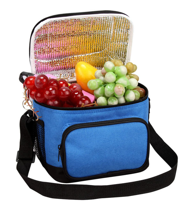 A blue cooler bag with a silver interior, filled with various fruits including grapes and a bell pepper.